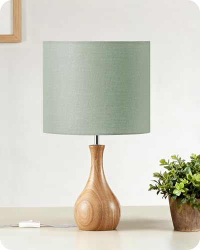 GOEBLESON Petite Lampe de Chevet en Bois, E27 Ampoule Inclus, Vert | 2700K, Lampe de Table Abat-jour en Lin, Lampe à Poser avec Câble, pour Salon, Chambre