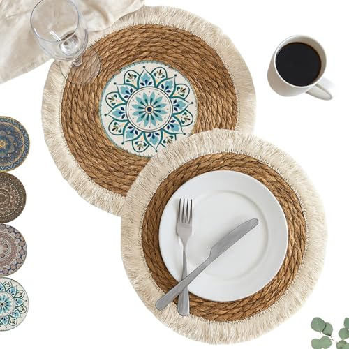 2er Set Boho Tischsets rund 30 cm, Naturfaser-Platzsets, Grün Blau Mandala | Handgeflochtene Platzdeckchen aus Rohrkolbenfasern, hitzebeständig, rutschfest, mit Fransen für Esstisch, Küche, Tischdeko