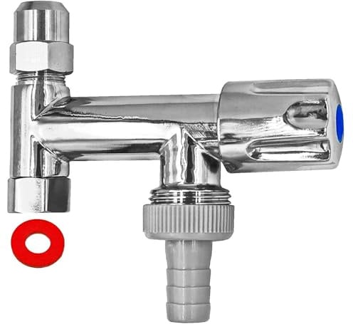 MegaHaustechnik Doppel-Eckventil Eckfix Zusatz-Geräteventil Comfortgriff, Rückflußverhinderer, 3/8“ Mutter mit Dichtung für vorhandenes Eckventil + 3/8“ Anschluß, Tülle AußenØ 14mm für 1/2 Schlauch