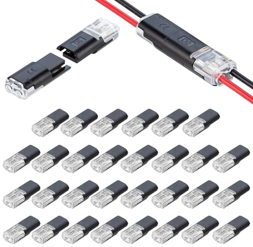 30 PCS 2Pin Wire Connectors Push Fit, No Wire Stripping Solder Free Cable Connectors, Double Wire Plug in Connector, 12v Wire Connector Quick Connect for LED Speakers Outlets Lamps Switches