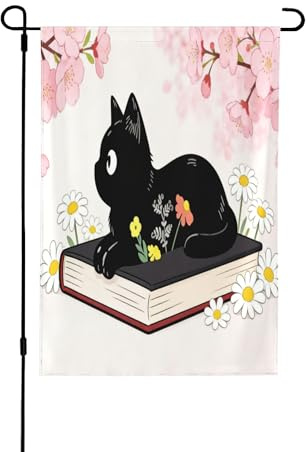 Drapeau de jardin double face 30,5 x 45,7 cm, drapeaux de bienvenue pour extérieur, Pâques, été, décorations de jardin pour toutes les saisons (livre de chat en fleurs de cerisier)