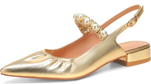 FINDVELL Womens Gold Slingback Flats with Pearl Pointed Toe Ballet Flats Buckle Strap Mary Jane Classic Dress Shoes Size 7.5