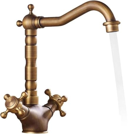 Rubinetto Vintage per Lavello Cucina in Ottone, Miscelatore Girevole a 360°, Doppia Maniglia per Acqua Calda e Fredda con 2 Tubi Flessibili, Design Durevole anche per Bagno