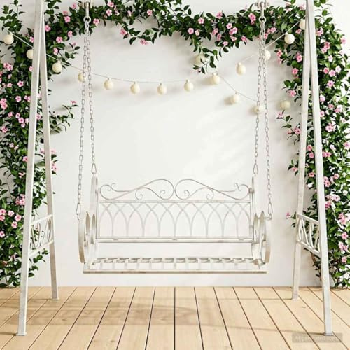 Runheo Panca a dondolo in acciaio bianco anticato, 109 x 75 x 59 cm, altalena da giardino, veranda, terrazza, con struttura in metallo resistente alle intemperie, per giardino, balcone, terrazza
