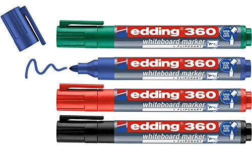 edding 360 Whiteboardmarker - bunte Farben - 4 Whiteboard Stifte - Rundspitze 1,5-3 mm - Boardmarker abwischbar - für Whiteboard, Flipchart, Magnettafel, Memoboard - Sketchnotes - nachfüllbar