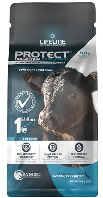 ANNUSO LIFELINE Protect Colostrum Supplement for Calves, 1lb Bag - 50g Globulin Protein per Feeding - 20% Added Fat and Carbohydrates - Immune and Energy Support for Newborn Calves