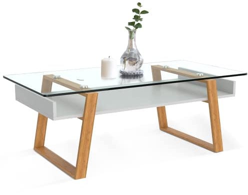 Bonstato Mesa Auxiliar - Mesita de Centro Rectangular, de Vidrio y Madera con Bandeja para Revistas, Mesa de Centro Baja para Salón y Oficina.