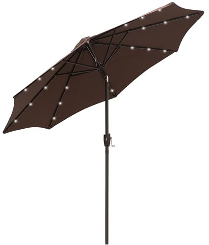 Outsunny Φ2.7m Garden 24 LED Light Parasol Solar Outdoor Tilt Sun Umbrella Patio Club Party Event Manual Sun Shade w/Hand Crank and 8 Ribs Brown