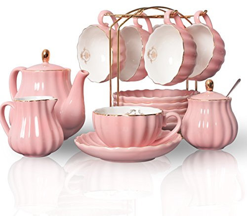 Sweejar Porzellan-Teeset, British Royal Serie, 237 ml Tassen und Untertasse, Service für 6 Personen, mit Teekanne, Zuckerdose, Sahnekrug, Teelöffel und Teesieb, geeignet für High Tea, Hochzeit, Party