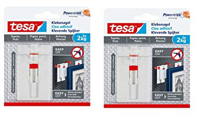 tesa Verstellbarer Klebenagel (für Tapeten und Putz 2 kg, Höhenverstellbarer, selbstklebender Wandnagel (2 kg | 4 Nägel)