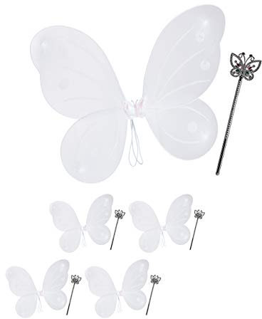 Relaxdays Déguisement de fée, Lot de 5, Ailes, Baguette Magique, Costume, Motif Papillon, Elfe, Enfant, Carnaval, Blanc et argenté