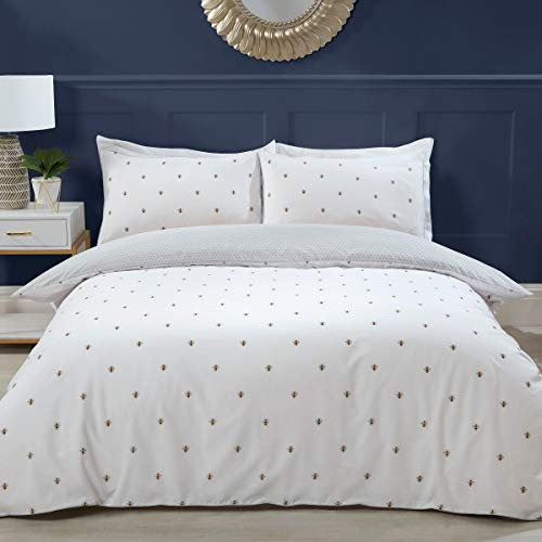 Sleepdown 5056242749882 Bettwäsche-Set mit Kissenbezügen, Motiv Hummel, wendbar, Grau, Sechseckig, Wabenmuster, weich, Kingsize-Bett (220 x 260 cm), Polycotton, Weiß, Super King