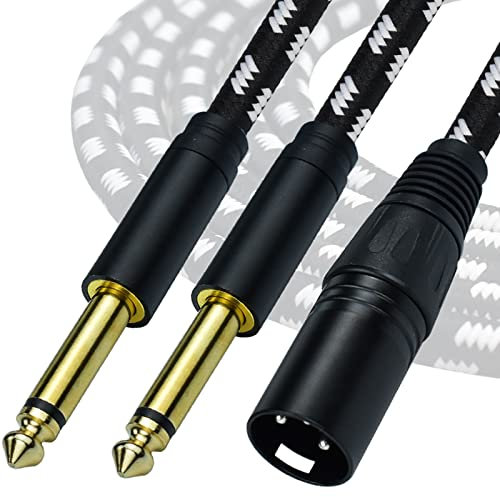 Mugteeve Dual 1/4 TS Mono to XLR Male Cable, 6.6FT Double Quarter Inch to XLR Y Splitter Cable, for Mixer, Electric Drum, Keyboard Stereo Main Out Cable, Heavy Duty, Cotton Braided, Black White Color
