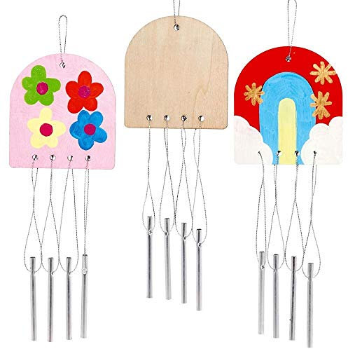 Baker Ross AX729 Windspiel aus Holz - 4er Pack, Musikalisches Windspiel mit Metalglocken Bastelset für Kinder zum Anmalen und Dekorieren