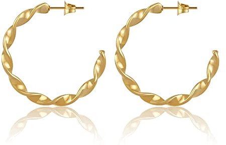 Creolen Gold für Damen I Gedrehte 18 Karat Kreolen aus Edelstahl - Wasserfest - Twisted Hoop Ohrringe in 28mm