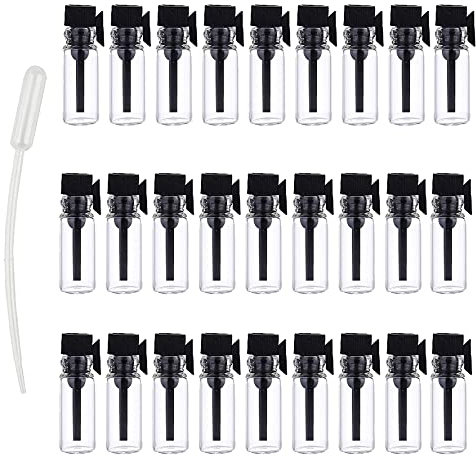 BasicPacking 100 Stück Leere 1ml Mini Transparent Glas Parfüm Testerfläschchen mit Schwarz Stopfen, Tester Fläschchen Duft-Proben Flasche Rohr für Probenahmen, Parfüm, Öle mit 10x 0.5ml Pipette