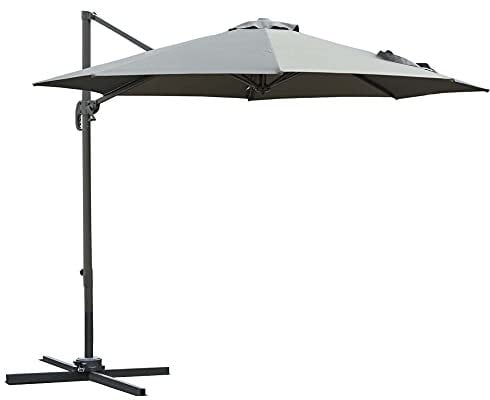 Outsunny Parasol deportado octogonal reclinable sombrilla giratoria 360° con pie en cruz 8 beleines manivela incluido chasis de aluminio. acero Ø 3 x 2,5 H m gris oscuro