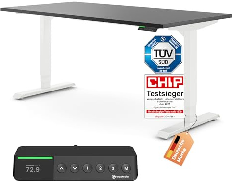 Ergotopia Desktopia Pro X Elektrisch höhenverstellbarer Schreibtisch, Ergonomischer Stehtisch für Büro oder Home Office (Schwarz, Gestell Weiß, 160 x 80 cm)