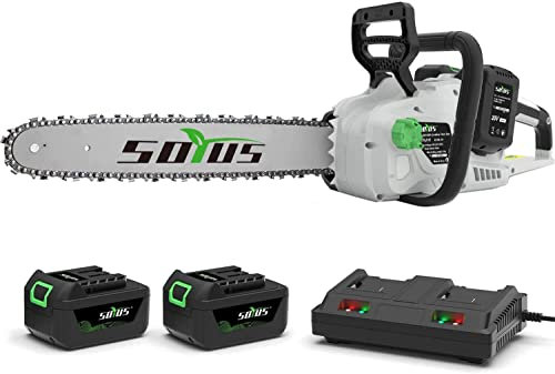 SOYUS Motosierra inalámbrica sin escobillas de 40 V y 16 pulgadas con batería y cargador, motosierra a pilas con tensión automática y lubricación automática para cortar madera y podar árboles, 2