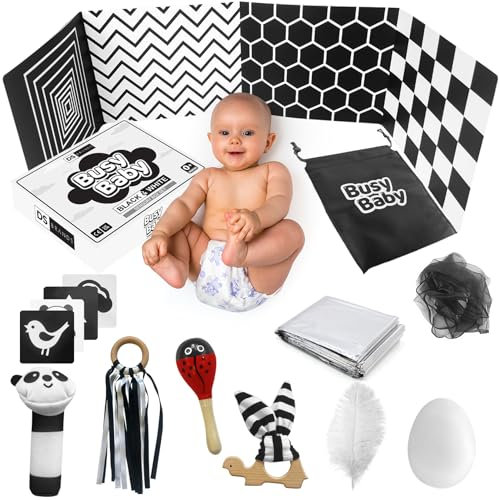 DS Brands Black and White Sensory Toys for Babies - Baby Sensory Toys 0-6 Months - Ribbon Ring, Scarf, Board, Cards, Maracas, Foil Blanket - Newborn Girl Boy Christmas Stocking Filler Gift Box