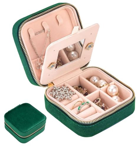 NUZEKY Reise Schmuckkästchen, Schmuck Reiseetui für Damen Schmuckkästchen Klein Samt Schmuckaufbewahrung Schmucktasch für Reisen Ringe Ohrringe Halsketten Ohrstecker-Schmuck Organizers(Grün)