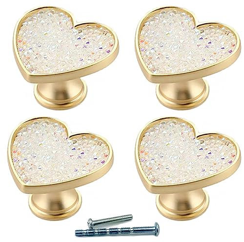 YOUYOUULU 4 Stück goldene Messing-Herz-Schubladenknöpfe, weiße Kristall-Schrankknöpfe, gold-kupfer-Möbel-Schrank-Kommode-Griffe (weißer Kristall)