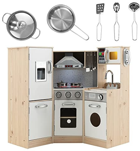 DREAMADE Cuisine Enfant de 3+ Ans, avec Micro-Ondes, Cuisinière, Téléphone, Cuisine en Bois avec 5 Accessoires, Équipé Sonore et Lumineuse, (Blanc + Naturel)