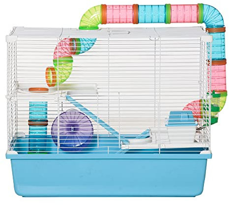 PawHut Käfig für Nagetiere und Hamster, 3 Ebenen, mit Tunnel, Wasserflasche, Rädern, Haus, Leiter, Maße: 59 x 36 x 47 cm (L x B x H)