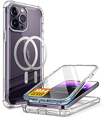 i-Blason Ares Mag Series Case for iPhone 14 Pro (6.1 Inch) 2022, Bumper Case Transparent Mobile Phone Case with Integrated Tempered Glass Screen Protector Compatible with MagSafe (Clear)
