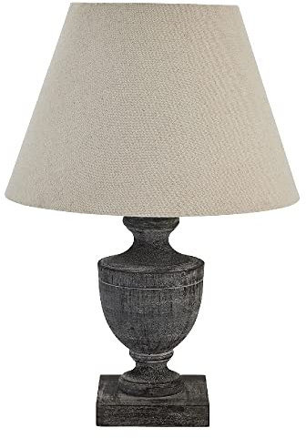 Dark Grey Washed Wood Vintage Rustic Urn Column Table Lamp Linen Fabric Tapered Shade | 51cm Height | 1 x SES E14 Lamp Bulb Required | UK Approved | in-Line On Off Switch | Wooden Hand Carved