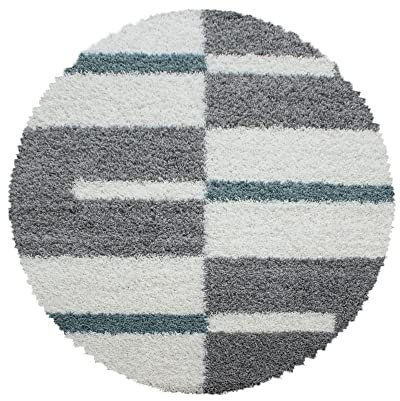 Carpetsale24 Hochflor Teppich Rund 160 cm Blau-Grau – Weicher Shaggy Flokati mit kariertem Muster – Vielseitiger Bodenteppich für Wohnzimmer, Schlafzimmer oder Esszimmer – Pflegeleicht