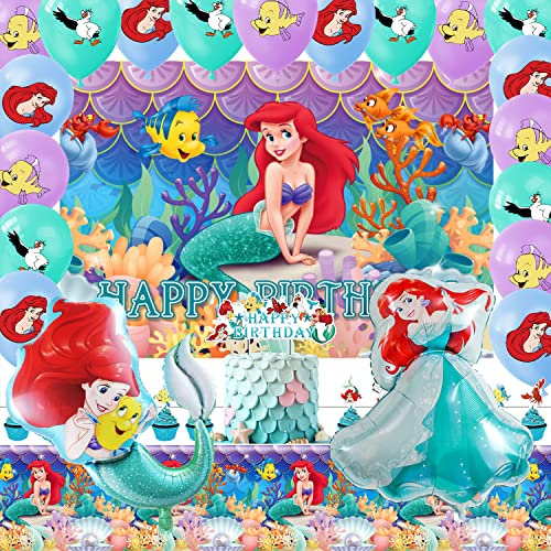 Newtic 35PCS Meerjungfrau Geburtstagsdeko, Arielle Meerjungfrau Geburtstag Background, Meerjungfrau Luftballons, Meerjungfrau Kuchen deko, for Meerjungfrau Themes Birthday Party Decorations