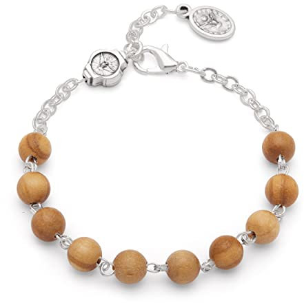 Mondo Cattolico - Rosario Bracciale Religioso con Perle in Legno di Ulivo, Vetro Veneziano o Madreperla - Spirito Santo e Vergine Miracolosa (Legno di Ulivo - Spirito Santo)