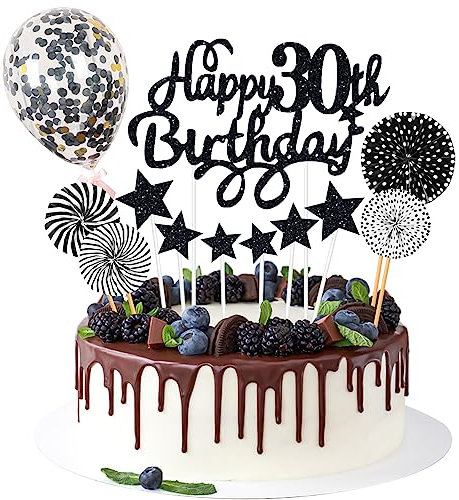 Happy 30th Birthday Tortendeko 30 Jahre Schwarz Frau Männer Geburtstag Kuchendeko Glitter Kuchen Torten Deko Cake Topper Geburtstagstortendekoration