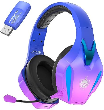 PHOINIKAS Gaming-Headset Wireless, Kabelloses Gaming-Kopfhörer, 2.4GHz-Dongle für PS4/PS5/PC, 7.1-Stereo, Abnehmbares Mikrofon mit Geräuschunterdrückung, LED-Leuchten