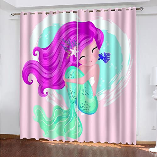 SATUSA Verdunkelungsvorhänge 3D Cartoon-Meerjungfrau Muster Ösen Vorhang 2Er Set 140X160Cm Verdunkelungsvorhang Blickdicht Fenstergardinen Kinderzimmer Schlafzimmer Wohnzimmer Thermovorhang