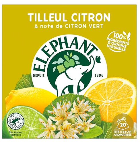 Elephant, Infusion Aromatisée, Goût Tilleuil, Citron et Citron Vert, Certifié Rainforest Alliance, Ingrédients d'Origine 100% Naturelle, 20 Sachets Pyramid