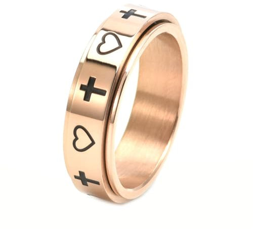 Gualiy Titanring Damen, Roségold Fidget Ring Anxiety 6MM Kreuz Herz Drehbar Ring Größe 54 (17.2)