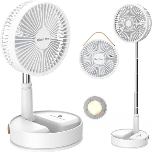 Marchpower Ventilatore a Piantana con Telecomando, Altezza Regolabile Pieghevole Ventilatore Portatile Silenzioso con Timer e Regolazione a 4 Velocità, 7200mAh Ventilatore da Tavolo Ruota e Rimuove