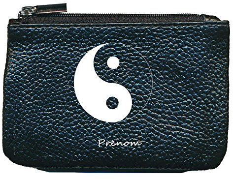 Petit Porte Monnaie en Cuir Porte cles Noir Ying Yang personnalise avec prenom