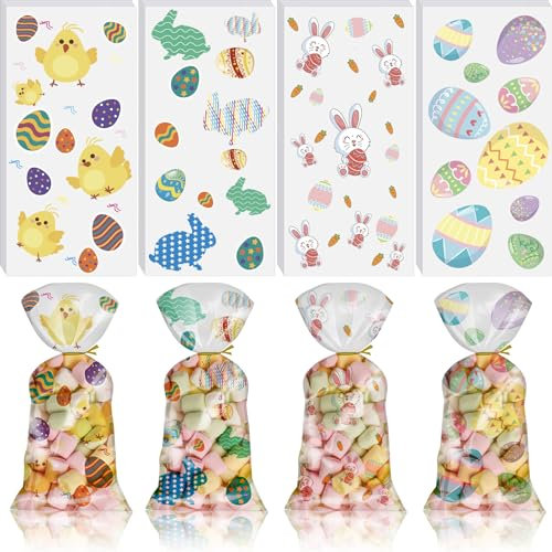 BELSVOR 100 Stück Plätzchentüten Ostern, 100PCS Cellophantüten Ostern und 200 Stück Goldband, Kekstüten zur Aufbewahrung von Süßigkeiten/Keksen/Schokolade/Keksen/Nuss