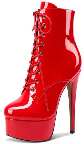 NobleOnly Donna Spillo Alto High Piattaforma Tacco Heel Rotonda Punta Lacci Cerniera Ballo Stivaletti 15 CM Heels Rosso 38 EU