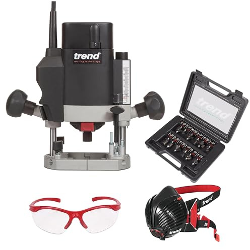 Trend T5 Variable Speed Plunge-Fräse, 8mm, 1000W, 230V EU, 12-tlg. Fräser-Set, Air Stealth Staubmaske & Schutzbrille, T5/START/SET/E