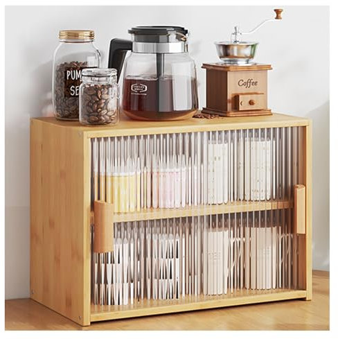 Dxcaicc Mehrschichtiger Aufbewahrungsschrank aus Holz mit Arbeitsplatte, Mini-Schrank, Speisekammer, Vitrine, Küchen-Pantry-Sideboard mit 2 Glasschiebetüren,Gelb,A