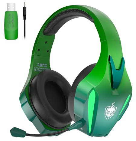 PHOINIKAS Casque Gaming sans Fil, Wireless Casque de Jeu, pour PS4/PS5/PC/Switch, Récepteur 2.4GHz, Son 7.1, Microphone Antibruit, Lumières LED