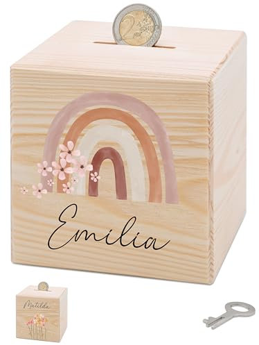 Bärenfreunde® - Personalisierte Spardose Kinder aus Holz mit Metallschloss - Spardose mit Namen mit kinderfreundlichem UV-Druck zum Sparen für Kinderträume (Regenbogen Blumen)