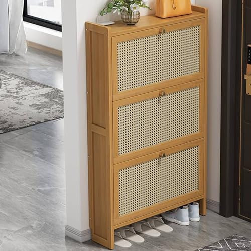 Generic 2/3 Drawer Hall Shoe Storage Cabinet, Narrow Bamboo Storage Cupboard Freestanding Footwear Organizer With Flip Doors Pull Down Rack For Hallways And Living Room (68×17×121cm), XIEGUI002