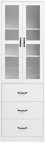 I0I&I0I Vitrine 200 cm Hoch, Standvitrine mit 3 Schubladen und 2 Beweglichen Trennwänden, 2 Glastüren, LED-Beleuchtung - Eine Stilvolle Ergänzung für Ihre Sammlung! (Weiß)