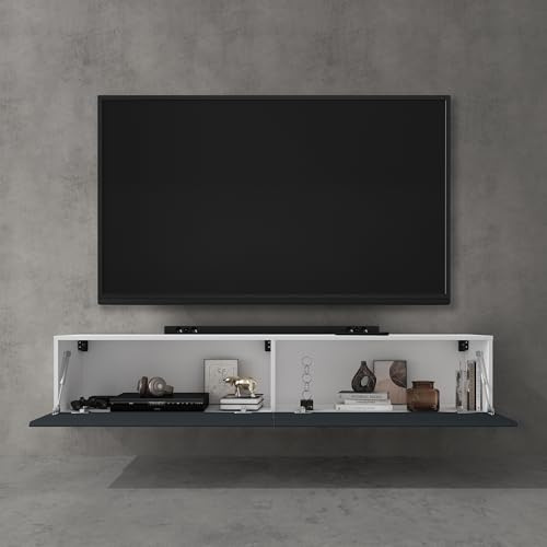 doporro TV Lowboard Schrank mit Gasdruckfedern Fernsehschrank hängend | TV Board mit Klapptür, viel Stauraum, Wand Fernsehtisch in Matt Weiß und Matt Anthrazit, Breite: 140 cm, Fernsehschrank02