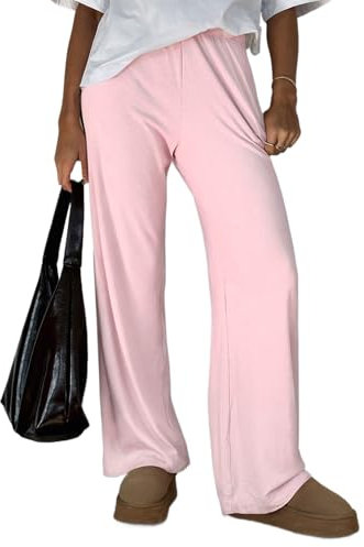 FOFAINWE Damen Weites Bein Ribber Pant Lose Gemütliche Casual Sweatpants Pyjama Lounge Flowy Hosen Mit Taschen(Rosa,S)
